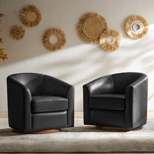 Teeny Black Modern Geniune Leather Swivel Barrel Chair with Solid Wood Base (Set of 2)