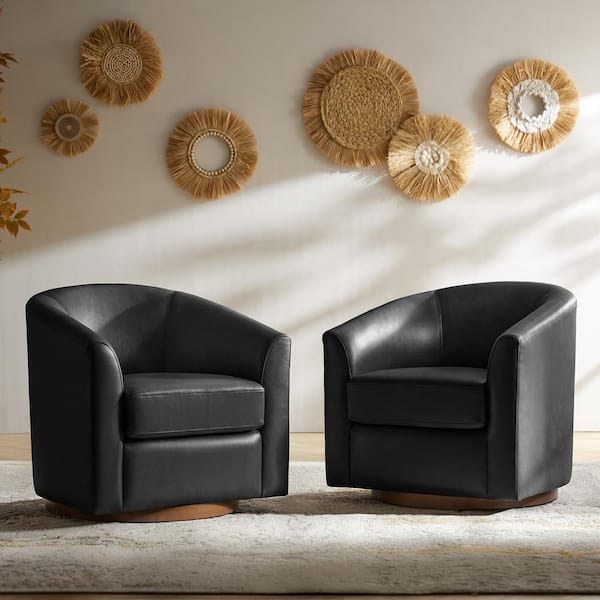 JAYDEN CREATION Teeny Black Modern Geniune Leather Swivel Barrel Chair with Solid Wood Base (Set of 2)
