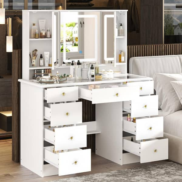 White Makeup Vanity Desk 9 Drawers Wood Dressing Table With 3 Mirrors, Glass Top, Hidden Storage Shelves, LED Lighted