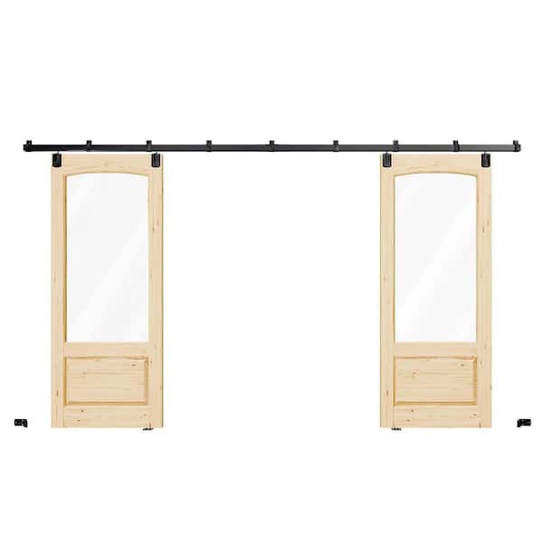 72 in. x 80 in. Universal/Reversible Archtop Clear Glass 3/4 Lite Unfinished Pine Wood Barn Door Slab with Hardware Kit