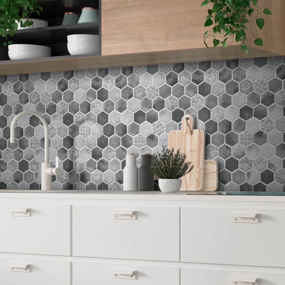 Gray Hexagon Recycled Glass Mosaic Wall and Floor Tile