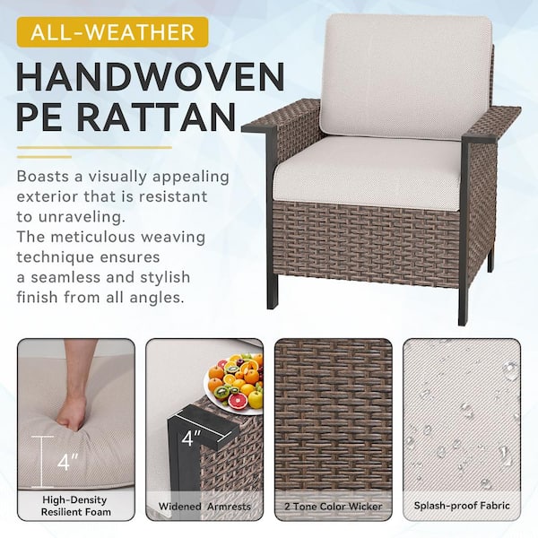 6-Piece Wicker Patio Conversation Set with Beige Cushions