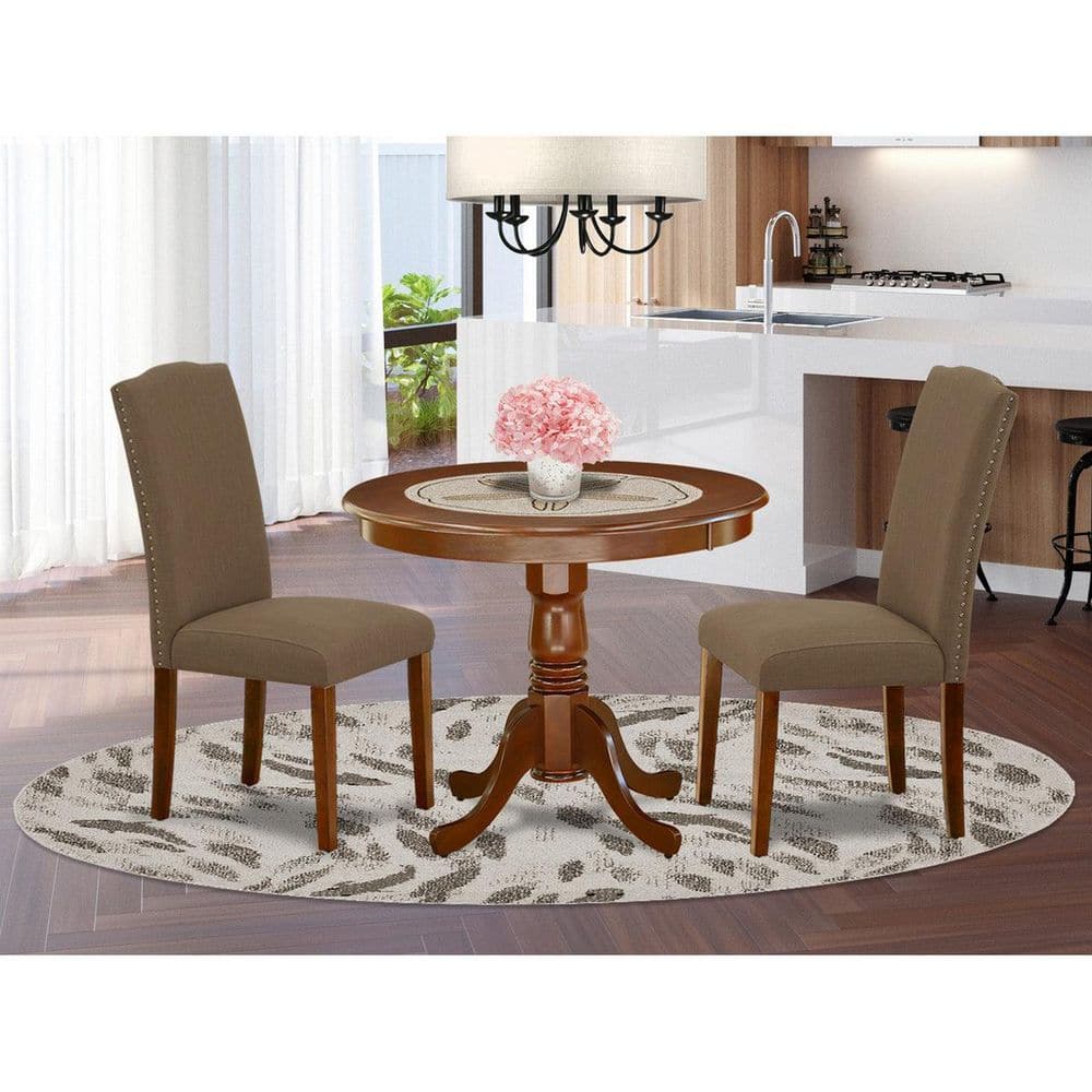 3-Piece Round Mahogany Finish Solid Wood Top Dining Table with 2 Parson Chairs with Lattice Back