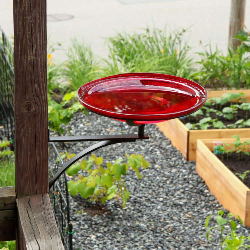 Red Crackle Glass Birdbath with Black Wrought Iron Wall Mount