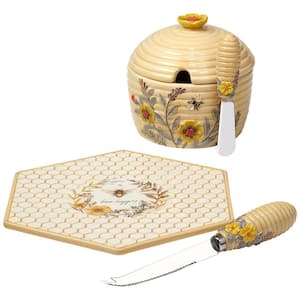 Bee Sweet 5.25 in. Earthenware Cheese Plate with Knife and 3-D Dip Bowl with Spreader