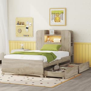 Natural Wood Frame Twin Size Platform Bed with Storage Headboard, Multiple Shelves on Both Sides, 2-Drawer, Light Strip