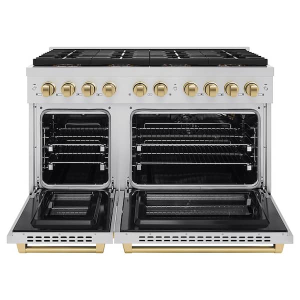 Autograph 48 in. 6.7 cu. ft. Paramount Gas Range with 8-Burners and Dual Ovens in Stainless Steel and Champagne Bronze