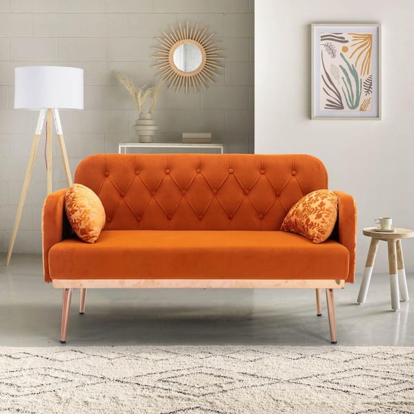 Seafuloy 55 in. W Square Arm Velvet Straight Sofa Loverseat Couch in Orange