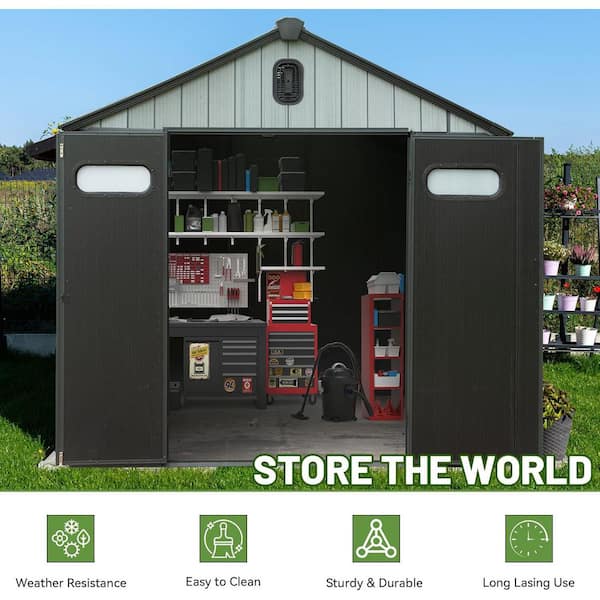 Gray 8 ft. W x 12 ft. D Resin Shed with Lockable Door, Windows and