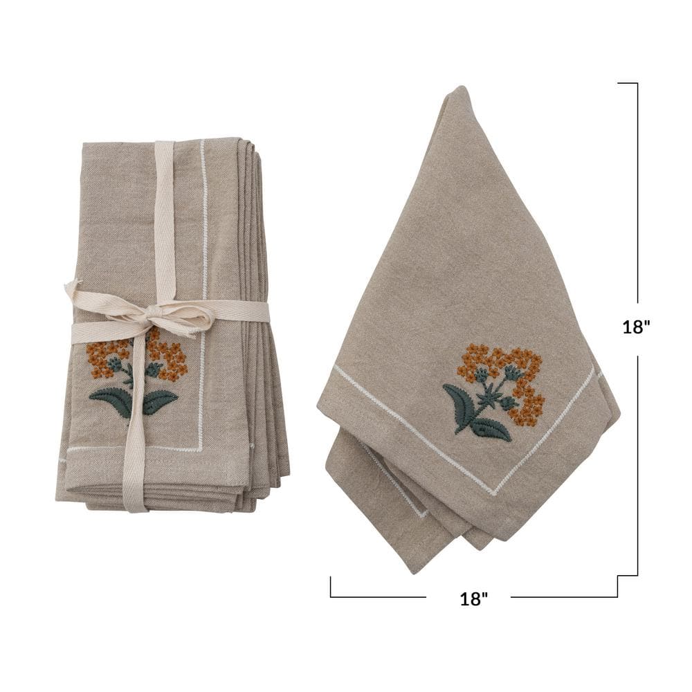 Oatmeal Cotton Napkins with Floral Embroidery, 18"x18"