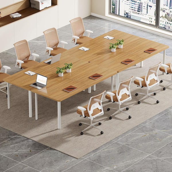 BYBLIGHT Moronia 78.74 in. Rectangle Meeting Table Conference Desk for Home Office, Brown Seminar Desk with White Metal Legs