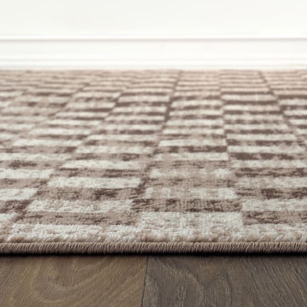 Contemporary Checkered Area Rug Beige 2 ft. 3 in. x 12 ft. Runner Rug