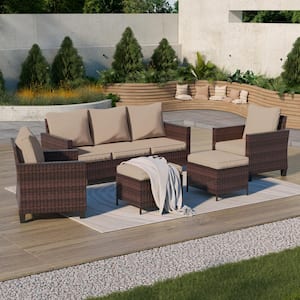 5-Piece Outdoor Patio Conversation Set Widened Back and Arm Brown Rattan Outdoor Three-Seat Sofa Two Ottomans, Sand