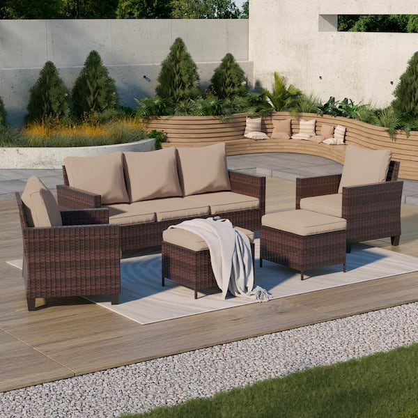Sonkuki 5-Piece Outdoor Patio Conversation Set Widened Back and Arm Brown Rattan Outdoor Three-Seat Sofa Two Ottomans, Sand