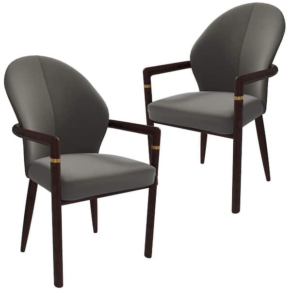 Wooden Dining Chair with Leather Upholstery and Ergonomic Design Opaline Series Set of 2 in Khaki