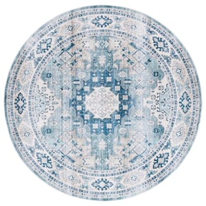 Arizona Sage/Aqua 6 ft. x 6 ft. Distressed Border Ornate Machine Washable Round Area Rug