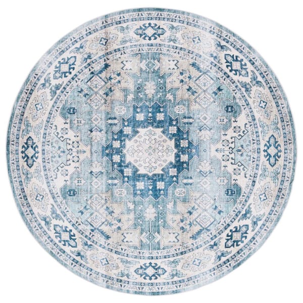 SAFAVIEH Arizona Sage/Aqua 6 ft. x 6 ft. Distressed Border Ornate Machine Washable Round Area Rug