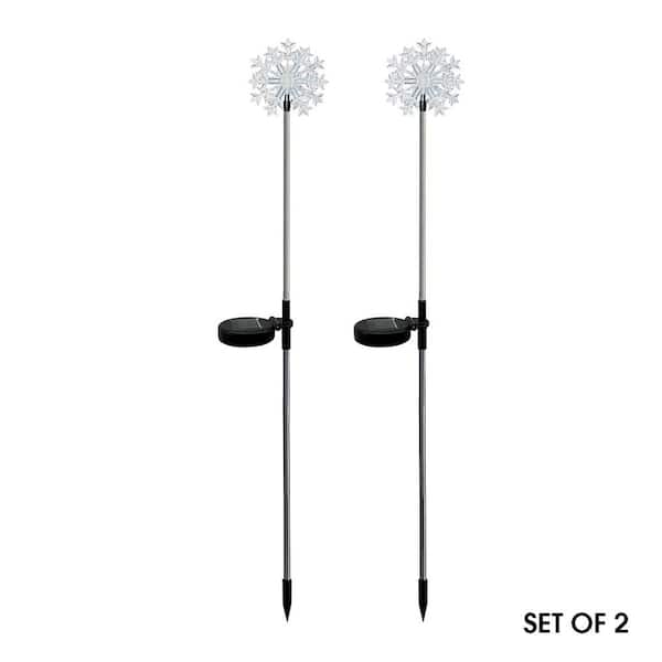 Alpine Corporation 33 in. Tall White Solar Snowflake Garden Stake with Cool LED Light (Set of 2)