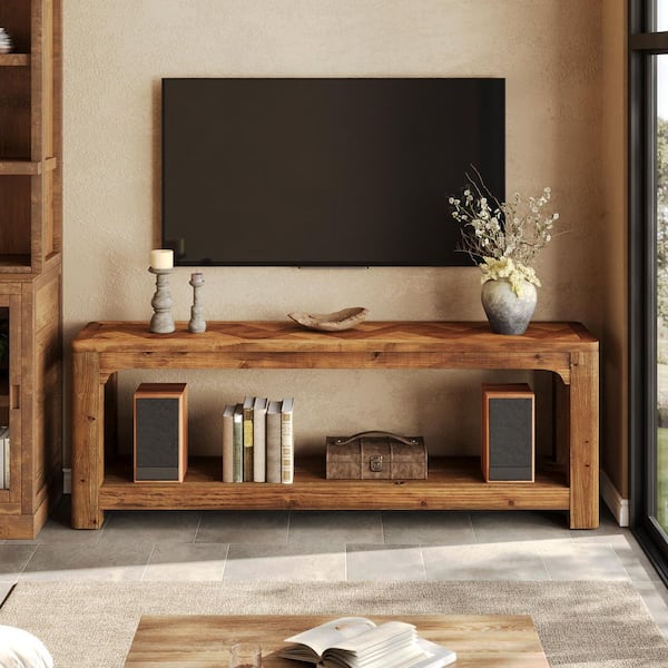 BYBLIGHT Ezlynn 63 in. Brown Solid Wood TV Stand Entertainment