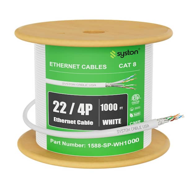 1000 ft. White CAT8 CMR 22 AWG Ethernet Cable Data Wire Bulk Raw - 2000MHz Solid Bare Copper Tinned Copper Braid Shield