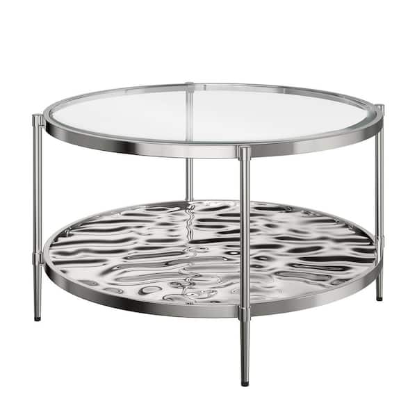 31.5 in. Silver Round Glass Top End Table Stainless Steel Frame Coffee Table 2-Tier Side Table