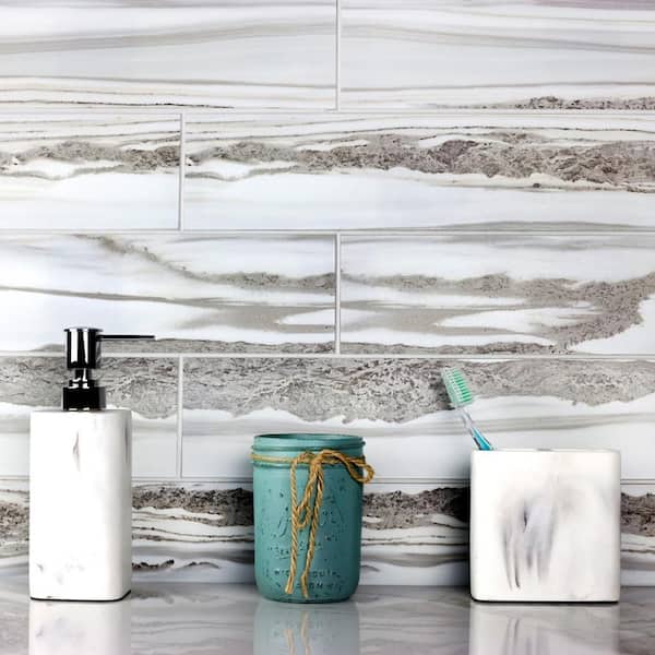 ABOLOS Black Diamond Straight Edge Subway 3 in. x 6 in. Glossy Glass Peel and Stick Decorative Tile Sample (1 sq. ft./Case)