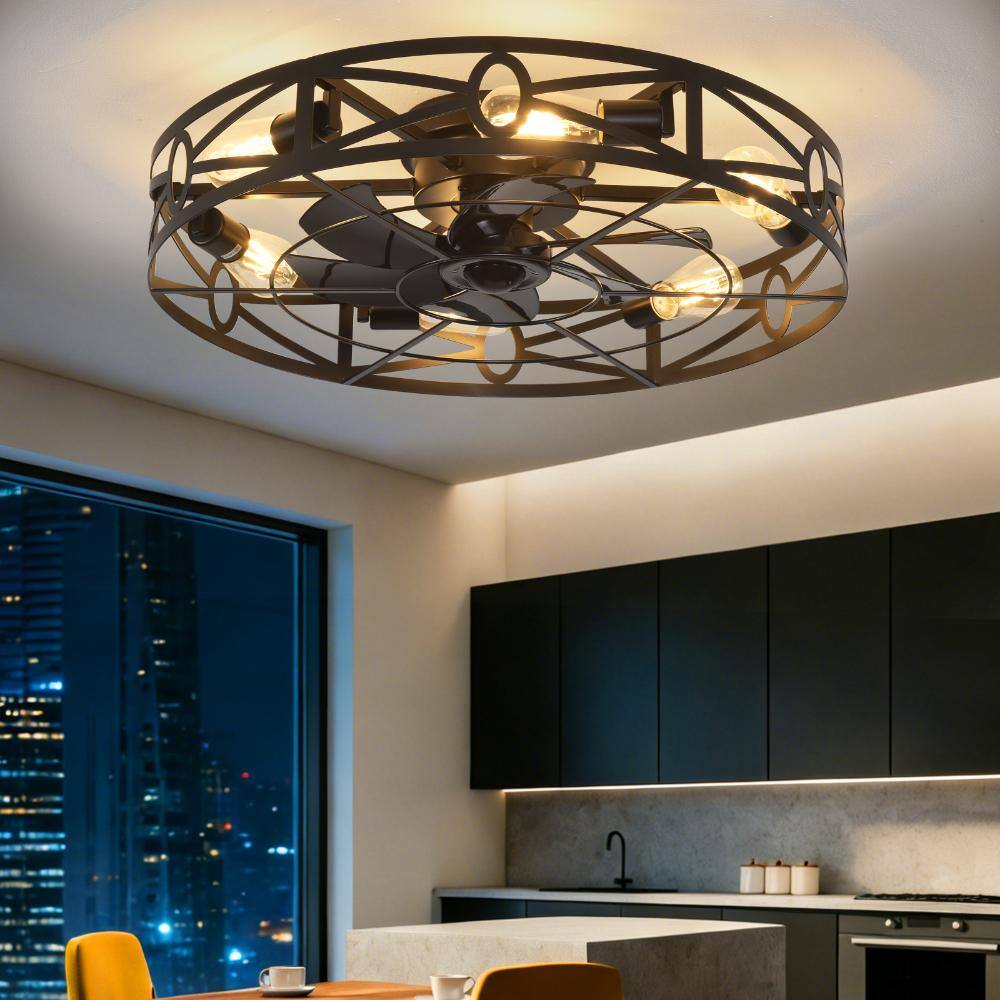 24 in. Black Flush Mount Caged Farmhouse Ceiling Fan with Light E26*4 (excl. bulbs) Industrial with Remote for Kitchen price history on PriceWatchPro