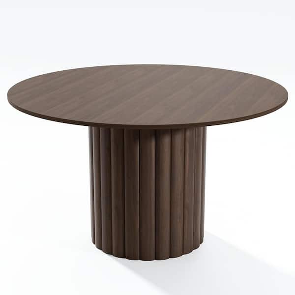 Cylindrical Walnut Colored Wood 46" Column Base Dining Table for 4