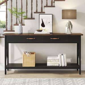 Turrella 70.9 in. Black Rustic Brown Rectangle Wood Sofa Console Table with 2-Drawers