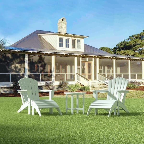 Mason 5-Piece UV Resistant Outdoor Patio HDPE Poly Plastic Adirondack Chairs Set with Ottomans and Side Table, White