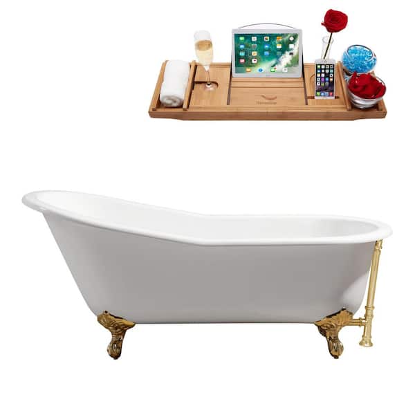 Streamline 61.4 in. Cast Iron Clawfoot Non-Whirlpool Bathtub in Glossy White with Polished Gold Drain And Polished Gold Clawfeet