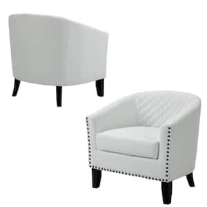 Mid-Century White Solid Wood Legs PU leather Upholstered Accent Barrel Chair With Nailhead Trim(Set of 2)