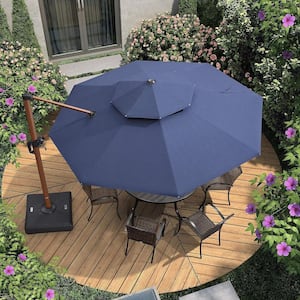 11 ft. Sunbrella Aluminum Octagon 360° Rotation Wood Pattern Cantilever Outdoor Patio Umbrella With Base, Navy Blue