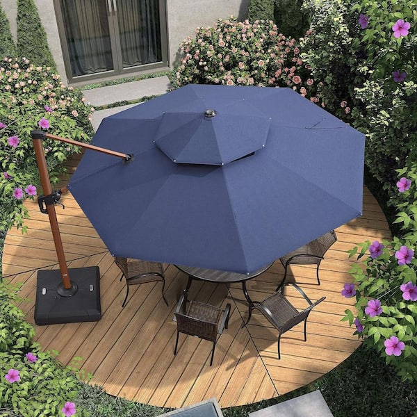 PURPLE LEAF 11 ft. Sunbrella Aluminum Octagon 360° Rotation Wood Pattern Cantilever Outdoor Patio Umbrella With Base, Navy Blue
