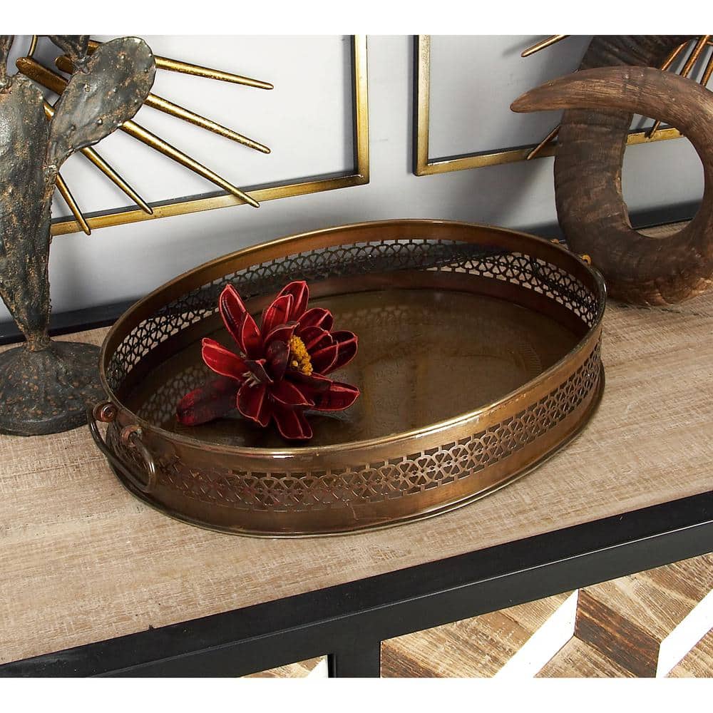 Brown Metal Oval Decorative Trays with Cut Out Design, Set of 2