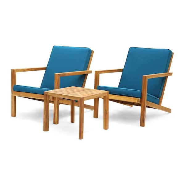 Noble House Leah Brown Patina 3-Piece Wood Patio Conversation Set with Dark Teal Cushions