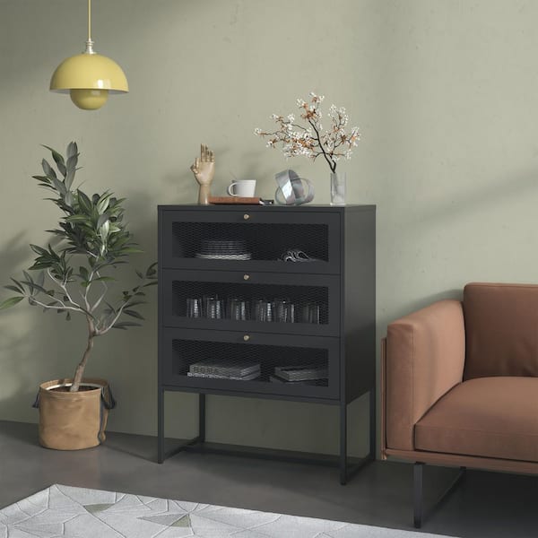 Bentley 41.34 in. Tall Black Steel Three Drawer Cabinet Bookcase with Mesh Doors