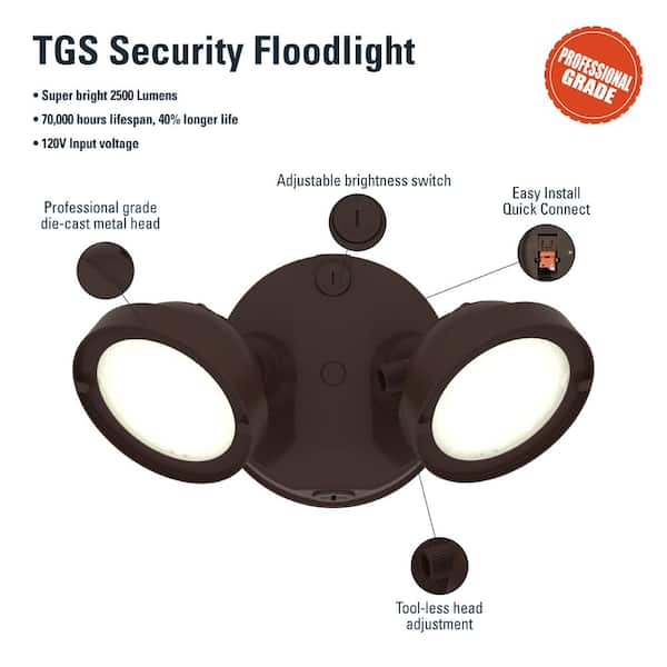 Halo Lighting TGS3S403FRRB Outdoor LED Triple Head Round Floodlight, Lumen Selectable (Max. 3000 Lumens), 4000K, Bronze