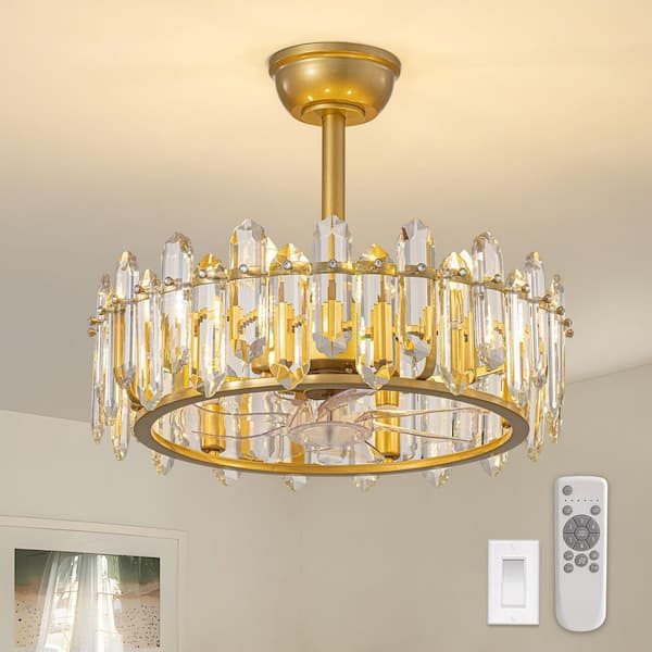 Pacific Core Modern 20 in. Indoor Gold Crystal Caged Chandelier Ceiling Fan with Remote Included with No Bulb Included for Bedroom