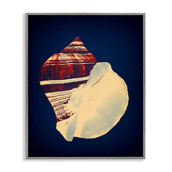 Fiber Conch on Blue by Graffi tee Studios Gray Framed Coastal Giclee Art Print 14 in. x 11 in.