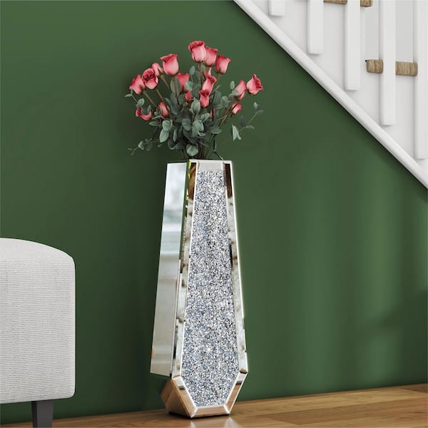 THKSHOUZ 24 in. Silver Mirror Crushed Diamond Geometric Decorative Vase