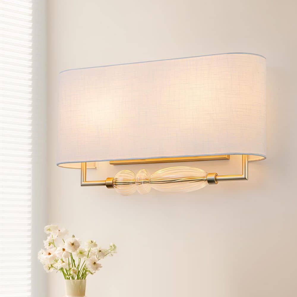 20.08 in. 2-Light Modern Classic Gold Metal Wall Sconce with White Fabric Shade price history on PriceWatchPro