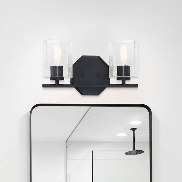 Designers Fountain Haven 16 in. 2-Light Matte Black Modern Vanity Light with Clear Rippled Glass Shades
