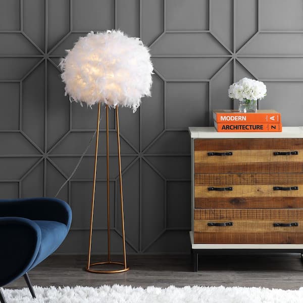 Stork 52 in. White Feather Metal LED Floor Lamp, Gold