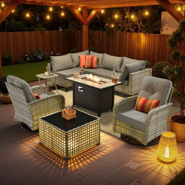 Solvoc 9-Piece Wicker Outdoor Patio Conversation Set with 42 in. Fire Pit Table, Dark Gray Cushions and Swivel Chairs