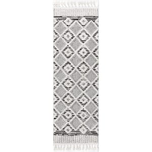 Journey Shaggy Checkered Tiles Tassel Grey 2 ft. 8 in. x 12 ft. Runner Rug
