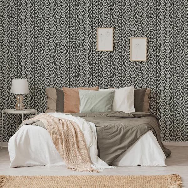 Black Jade Block Print Leaves Vinyl Peel and Stick Wallpaper Roll (Covers 28 sq. ft.)