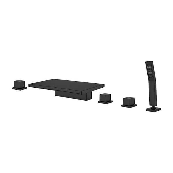 Single-Handle Tub Deck Mount Roman Tub Faucet with Hand Shower and Water Suply Hose in Black