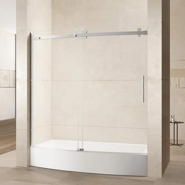 null 60 in. W x 58.5 in. H Bathroom Sliding Frameless Sliding Bathtub Door in Brushed Nickel, with Handle