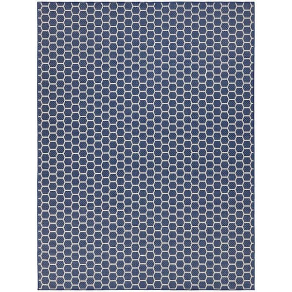Reversible Indoor Outdoor Navy 10 ft. x 14 ft. Honeycomb Contemporary Area Rug